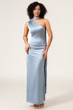 Sheath One-Shoulder Long Satin Dusty Blue Bridesmaid Dress