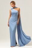 Dusty Blue Sheath One-Shoulder Satin Long Bridesmaid Dress