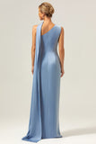 Dusty Blue Sheath One-Shoulder Satin Long Bridesmaid Dress