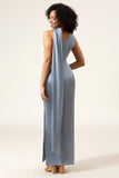 Sheath One-Shoulder Long Satin Dusty Blue Bridesmaid Dress