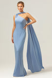 Dusty Blue Sheath One-Shoulder Satin Long Bridesmaid Dress