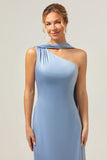 Dusty Blue Sheath One-Shoulder Satin Long Bridesmaid Dress