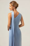 Dusty Blue Sheath One-Shoulder Satin Long Bridesmaid Dress