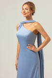 Dusty Blue Sheath One-Shoulder Satin Long Bridesmaid Dress