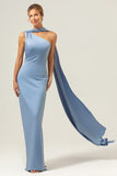 Dusty Blue Sheath One-Shoulder Satin Long Bridesmaid Dress