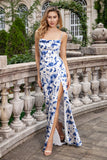 Blue Flower Mermaid Floral Lace Up Back Print Long Bridesmaid Dress With Slit