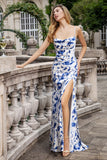 Blue Flower Mermaid Floral Lace Up Back Print Long Bridesmaid Dress With Slit