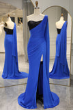 Royal Blue Mermaid One Shoulder Sequined Prom Dress With Slit