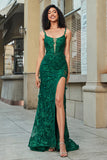 Dark Green Stylish Mermaid Spaghetti Strap Long Prom Dress with Appliques