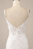 Ivory Mermaid Spaghetti Straps Long Corset Wedding Dress with Appliques