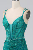 Sparkly Dark Green Mermaid Spaghetti Straps Sequin Corset Long Prom Dress With Slit