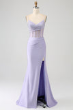 Lavender Mermaid Cutout Glitter Corset Satin Prom Dresses with Pleated Split