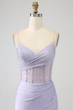 Lavender Mermaid Cutout Glitter Corset Satin Prom Dresses with Pleated Split