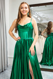 Dark Green A-Line Cowl Neck Pleated Sparkly Prom Dress with Side Slit