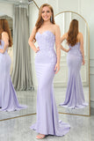 Lilac Sheath Sweetheart Corset Long Prom Dresses With Lace Appliques