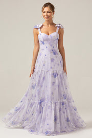 Lilac Floral A-Line Floor Length Print Bridesmaid Dress with Lace Up Back