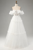 Princess A-Line Off The Shoulder Tiered Long Ivory Wedding Dress