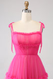 Princess A-Line Spaghetti Straps Hot Pink Tulle Long Prom Dress