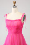 Princess A-Line Spaghetti Straps Hot Pink Tulle Long Prom Dress