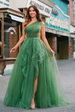 Dark Green A-Line One-Shoulder Long Tulle Prom Dress