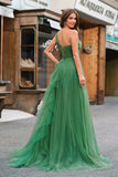 Dark Green A-Line One-Shoulder Long Tulle Prom Dress