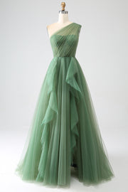 Dark Green A-Line One-Shoulder Long Tulle Prom Dress