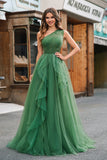 Glitter Dark Green A-Line One-Shoulder Tulle Long Prom Dress with Slit