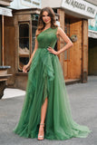 Glitter Dark Green A-Line One-Shoulder Tulle Long Prom Dress with Slit