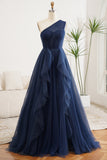 Navy A-Line One Shoulder Tulle Long Prom Dress With Slit