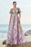 Mauve A-Line Corset Embroidered Long Prom Dress with Short Sleeves