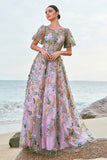 Mauve A-Line Corset Embroidered Long Prom Dress with Short Sleeves