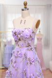 Lilac A Line Spaghetti Straps Lace-up Prom Dress With 3D Appliques