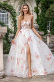 Elegant Sparkly Ivory Flower A Line Sweetheart Sequin Corset Party Dress With Slit