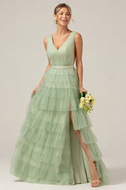 Grey Green Tulle A-Line V Neck Tiered Maxi Dress With Slit