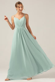 Matcha A-Line Spaghetti Straps Chiffon Floor Length Bridesmaid Dress with Pleated