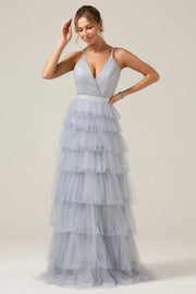 Dusty Blue A-Line Spaghetti Straps Tiered Long Tulle Maxi Dress