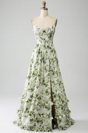 Green A-Line Spaghetti Straps Printed Floor Length Dress With Slit