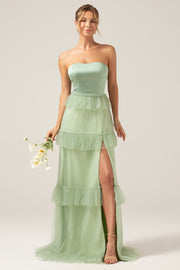 Matcha A-Line Tiered Strapless Tiered Long Bridesmaid Dress With Slit