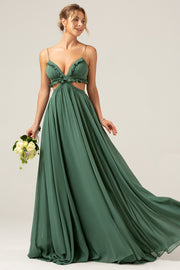 A-Line Spaghetti Straps Backless Chiffon Eucalyptus Long Bridesmaid Dress