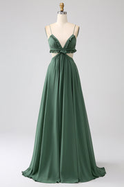 Eucalyptus A-Line Spaghetti Straps Backless Chiffon Long Bridesmaid Dress