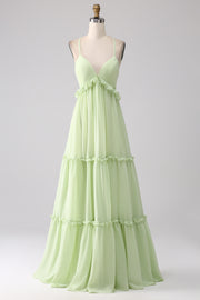 Light Green A-Line Spaghetti Straps Backless Long Bridesmaid Dress With Ruffles