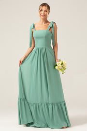 A-Line Spaghetti Straps Pleated Floor Length Eucalyptus Bridesmaid Dress