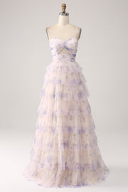 Lavender Flower A-Line Spaghetti Straps Cut Out Pleated Tiered Long Prom Dress