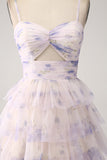 Lavender Flower A-Line Spaghetti Straps Cut Out Pleated Tiered Long Prom Dress