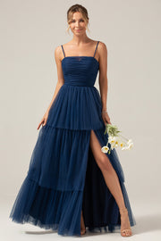 Navy A Line Spaghetti Straps Tulle Pleated Long Bridesmaid Dress With Slit