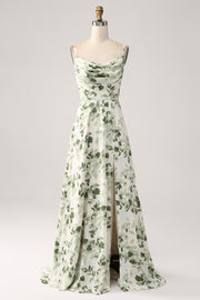 A-Line Cowl Neck Printed Long Green Bridesmaid Dress With Slit