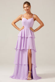 A-Line Spaghetti Straps Tiered Floor Length Lilac Bridesmaid Dress With Slit