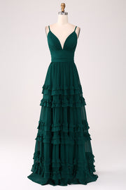 Dark Green A-Line Spaghetti Straps Tiered  Pleated Floor Length Bridesmaid Dress