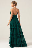 Dark Green A-Line Spaghetti Straps Tiered  Pleated Floor Length Bridesmaid Dress