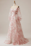 Ivory Flower A-Line Off The Shoulder Print Wedding Dress With Slit